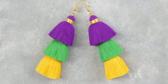 Happy Mardi Gras Tassel Earrings with Gold Binding