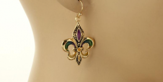 Mardi Gras Fleur De Lis Earrings Purple Green Gold Jewelry