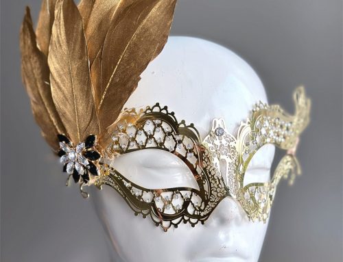 Gold Metal Adult Mask-Rhinestones Feathers