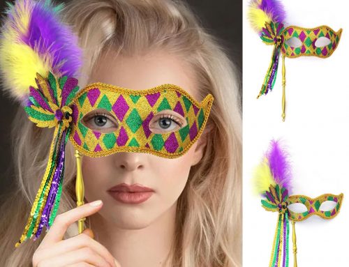 Mardi Gras Feather Masquerade Mask with Stick